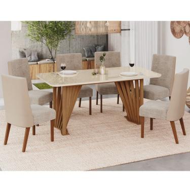 Imagem de Conjunto Sala Jantar Adriana 180cm Canto Arredondado Com Vidro + 6 Cadeiras Anne Nature- Off White-bege