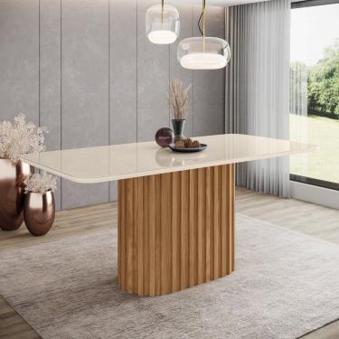 Imagem de Mesa De Jantar Com Tampo Mdf E Vidro Com Canto Arredondado 180 Cm Solana Nature- Off White