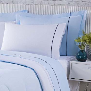 Imagem de Kit Edredom 100% Algodão Percal 150 Fios Dupla Face King + Jogo De Cama Gran Moratta 7 Peças - Branco- Azul