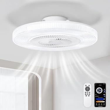 Imagem de Ventilador de teto 20" baixo perfil, luz integrada, controle remoto, 6 velocidades, ajuste de cor e brilho. Ideal para quartos, sala de estar e estudo.