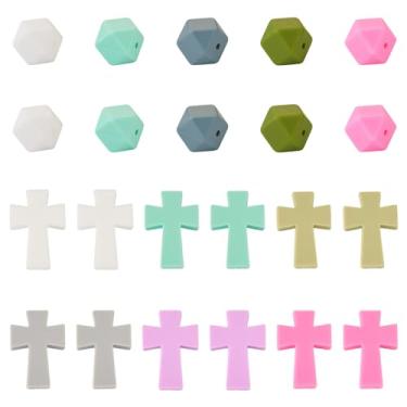 Imagem de FASHEWELRY 22 peças de contas focais cruzadas de silicone colorido hexágono contas de borracha em forma de cruz miçangas personagens contas para caneta com contas de Páscoa chaveiro