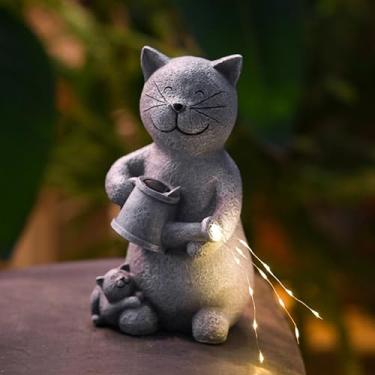 Imagem de Shunyaju Estátuas solares para ambientes externos, decoração de jardim com luzes LED, lindas estátuas de gato para pátio, varanda, quintal, gramado, ornamento, presentes de aniversário, Natal,