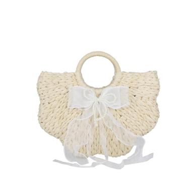 Imagem de RoseSeek Bolsas femininas de palha com laço de pérola e alça redonda, bolsas de verão e praia, Bege, One Size