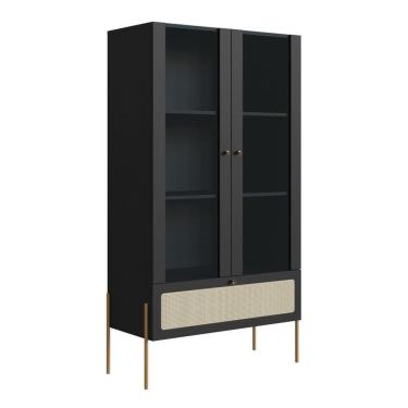 Imagem de Cristaleira 2 Portas Oslo Artesano 83 Cm (larg) Mdp Nero Palha Sintética Bege E Pés Metal Dourado