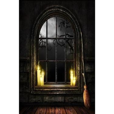 Imagem de OFILA Pano de fundo de janela com arco sombrio 2,4 x 3 m de tecido, pano de fundo de castelo mágico para festa de Halloween, crianças, pano de fundo de aniversário medieval, vassoura, eventos de