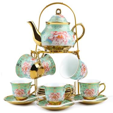 Imagem de Conjunto de chá de porcelana para 6 pessoas com suporte de metal – Bule de chá de 700 ml, 6 xícaras e pires dourados (20 peças) – Chá floral de cerâmica elegante para festa, presente de casamento e