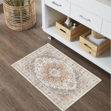 Imagem de BrilliStar Tapetes de banheiro vintage boho cáqui claro 50 x 81 cm pequeno tapete de banho confortável veludo antiderrapante tapete de banheiro lavável tapete de banheiro tapete de chuveiro para pia