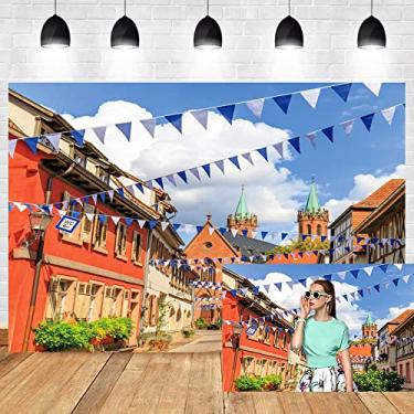 Imagem de DORCEV Pano de fundo Oktoberfest de 4,6 x 3 m Alemanha Famosa Cidade Baviera Town Street Building View Blue White Grid Flags Photography Background Happy Celebrate Beerfest Beers Party Backdrop Vinyl