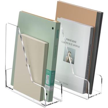 Imagem de Porta-arquivos de revistas de acrílico transparente - Organizador vertical de arquivos de mesa e suporte de documentos para prateleiras, organizadores de escritório para escola de escritório em casa