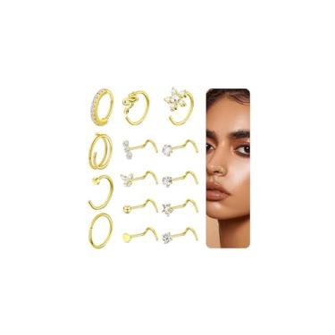 Imagem de Bautidots 14 peças piercing de nariz 20G 18G piercing de nariz de aço inoxidável CZ L S piercing de nariz piercing de narina joias para mulheres homens prata ouro, Aço inoxidável, Zircônia cúbica