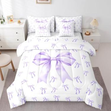 Imagem de Erosebridal Jogo de cama infantil com laço roxo kawaii, simples, princesa kawaii, conjunto de edredom solteiro, roxo e branco, com laço romântico, coquete e nó de borboleta, edredom com lençol de cima