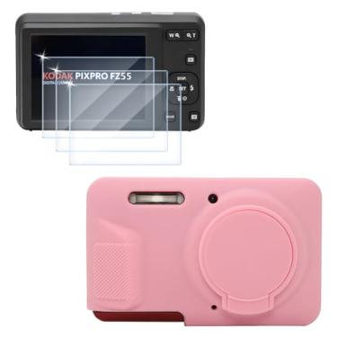 Imagem de Protetor de tela (3 + 1 pacote) compatível com câmera digital Kodak PIXPRO FZ55, filme de vidro temperado antiarranhões de alta definição e capa de silicone macio (rosa)