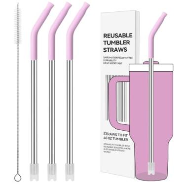 Imagem de Prurex Canudos de metal reutilizáveis com ponta de silicone para Stanley 1,134 g, canudos de aço inoxidável para copo de 1,134 g, 3 tubos retos e 6 pontas e 1 escova Cleanr (ilás)