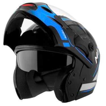 Imagem de Capacete de Moto Mixs MX Captiva Route Brilhante Com Viseira Interna Solar Óculos de Sol Articulado Escamoteável Robocop Cinza Com Azul 62
