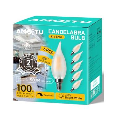 Imagem de Lâmpada LED E12 equivalente a 100 W, branco frio 6000 K, vela CA10 fosca regulável, base pequena, ideal para salas de estar, salas de jantar e corredores, iluminação interna com eficiência energética