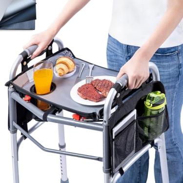 Imagem de BAGSFY Bandeja de andador com bolso lateral para andadores dobráveis – Acessório de andador para idosos com suporte de copo, tapete antiderrapante e fácil instalação – Mesa de andador de ajuste