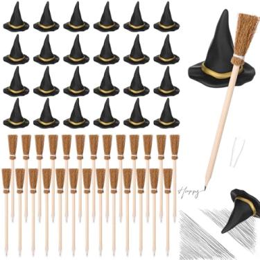 Imagem de Fuyoooo Conjunto de 48 mini borrachas de borrachas de chapéu de bruxa com 24 borrachas de chapéu de bruxa pequenas 3D, 24 canetas de vassoura para lembrancinhas de festa de Halloween, presentes