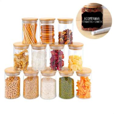 Imagem de Kit de 12 potes herméticos vidro tampa bambu 250ml - KTCH