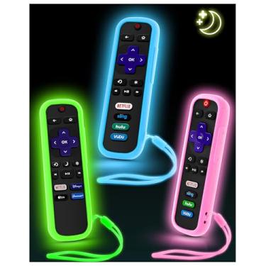 Imagem de Pacote com 3 capas para controle remoto Roku Roku, capa para controle remoto Hisense/TCL Roku | Controle de substituição universal | Capa de silicone | Brilha no escuro | Cordão brilhante | Verde