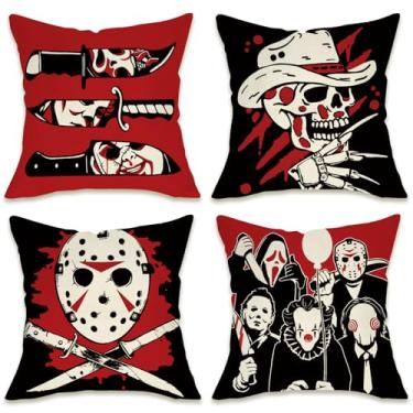 Imagem de Pycat Capas de almofada decorativas de personagens de filmes de terror de Halloween 50 x 50 conjunto de 4, máscaras vermelhas pretas sangrentas varanda decoração de casa ao ar livre, capa de almofada