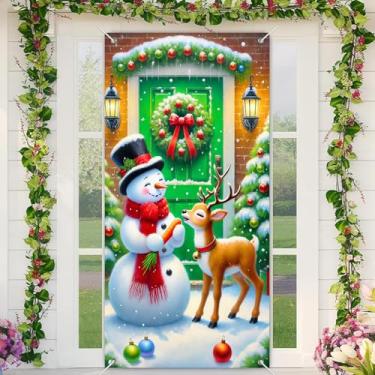 Imagem de BlissYard Capa de porta de Natal para inverno, boneco de neve, alimentação, rena, guirlanda festiva, decoração de porta verde, 188 x 89 cm, faixa quente para festas de fim de ano, jardim, ambientes