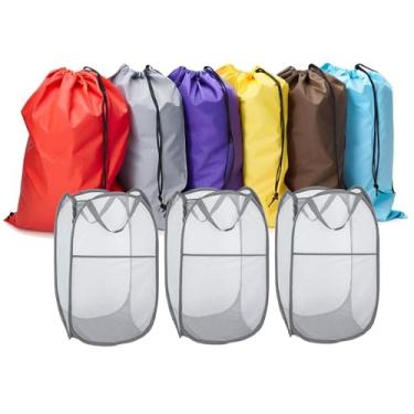 Imagem de YETHAN Pacote com 3 cestos pop-up com sacos de roupa extra grandes, pacote com 6, sacos de roupas de viagem de cores variadas 76 x 101 cm, cesto de roupa de malha dobrável, para residentes em