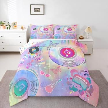 Imagem de Conjunto de cama Queen, moderno, para crianças, meninas, guitarra, borboleta, roxo, rosa, para decoração de quarto de meninos, meninas, adolescentes, conjunto de edredom com bola de cristal