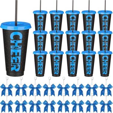 Imagem de LemonRoad 32 peças de presente de líder de torcida com glitter a granel para equipe de 680 g copos reutilizáveis de torcida chaveiro de plástico com tampa e canudo garrafa de água de líder de torcida