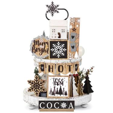 Imagem de GlikCeil 19 peças de decoração de bandeja de inverno de Natal em camadas, placa de madeira de cacau quente, flocos de neve, decoração de mesa de centro, placas rústicas de inverno para decoração de