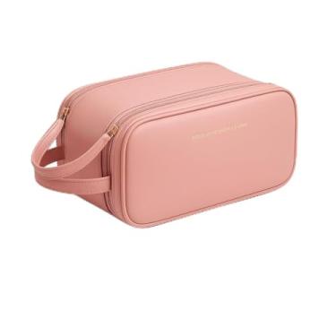 Imagem de Necessaire Bolsa Organizadora de Maquiagem Couro Sintético Grande Capacidade com Duas Camadas, Alça Lateral, Divisórias Internas e Suporte para Pincéis – Ideal para Viagem (Rosa)