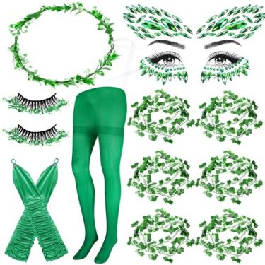 Imagem de 13 peças de fantasia feminina veneno de hera falsa - luvas verdes longas pedras preciosas strass tatuagem adesivos meia-calça 5 peças de videiras artificiais hera folha coroa cílios para cosplay de