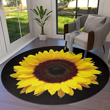 Imagem de Tapete redondo de 1,8 m para casa de fazenda, girassol, macio, sofá, berçário, tapete antiderrapante, para ambientes internos/externos, sala de estar, quarto, sala de jantar, pátio, floral, preto