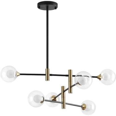 Imagem de FZGGWYHL Lustre moderno candelabro moderno 6 luzes meados do século lustre preto e dourado luminárias pendentes com sombra de vidro branco lâmpada giratória braços luz de teto para quarto Liv