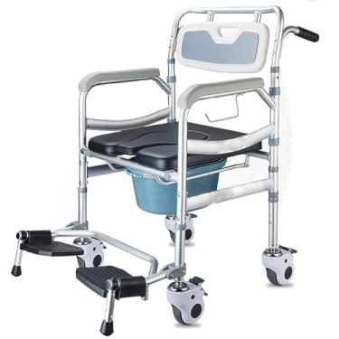 Imagem de Cadeira de cabeceira 4 em 1, cadeira de rodas para chuveiro de transporte de movimento com 4 rodas silenciosas traváveis, cadeira rolante de vaso sanitário de liga de alumínio, pedais dobráveis