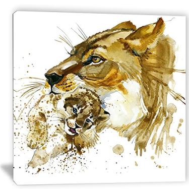 Imagem de Designart Ilustração de leoa e filhote - Arte em tela de animal - 76 x 76 cm, 76 x 76 cm, marrom
