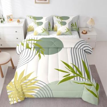 Imagem de Conjunto de edredom King abstrato moderno, com 7 peças, botânico, minimalista, geométrico, verde, cinza, inclui edredom, conjunto de lençol, fronhas e fronhas, decoração de quarto estética de meados