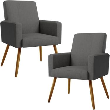Imagem de Kit 02 Poltronas Decorativa Maria W01 Pés Palito Linho Cinza Escuro Couríssimo Preto - Lyam Decor