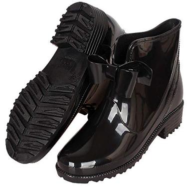 Imagem de Bigfanshu Botas femininas de cano curto de borracha para chuva à prova d'água na moda bota gelatinosa com elástico sapatos de chuva, Preto, 8