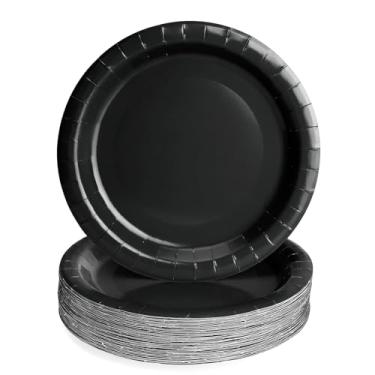 Imagem de UVTQSSP 50 peças de pratos de festa, conjuntos de pratos de jantar de papel descartáveis pretos de 23 cm, suprimentos de festa para aniversário, chá de bebê, casamento, piquenique