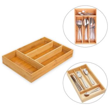 Imagem de 2X Porta Talheres Organizador Gaveta Bambu E Mdf 4 Divisoria