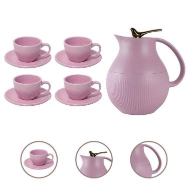 Imagem de Kit Garrafa Térmica Café 1L Rosa E 4 Xícaras Cerâmica 210Ml