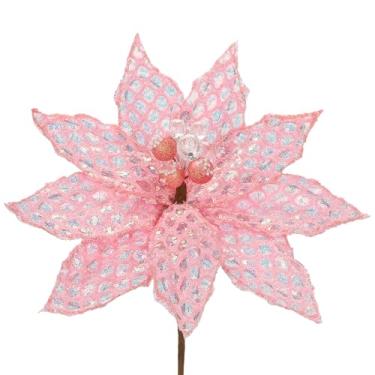 Imagem de Briful 3 peças, poinsétias, flores artificiais de Natal, 56,9 cm, haste longa, rosa, glitter, malha, poinsétia, árvore de Natal, para decoração de Natal, guirlanda de casa, arranjos florais