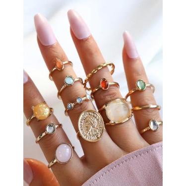 Imagem de Conjunto de anéis barrocos vintage coloridos com pedras falsas para mulheres, joias para uso diário, festivais de festa e presentes de Natal