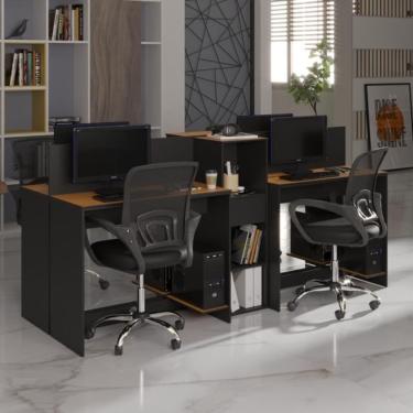 Imagem de Estação De Trabalho 4 Lugares Office Tech 4 Mesas 2 Armários - Preto E Cedro Preto E Cedro