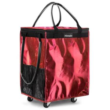 Imagem de Xiktslin (Médio, vermelho) Bolsa de compras reutilizável com 4 rodas, bolsa dobrável com rodinhas carrega até 29,9 kg carrinho de compras, bolsa com rodinhas com 3 alças, bolsa com zíper Clouser com