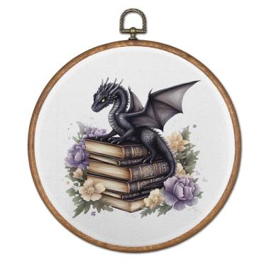Imagem de TopXmai Arte de parede redonda com dragão negro Dark Academia, decoração de parede em tela para amantes de livros de fantasia, arte de pendurar com dragão de livro floral místico para biblioteca