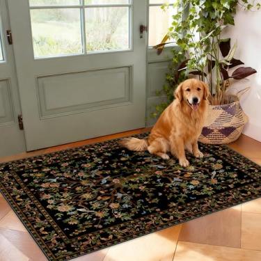 Imagem de TANVILL Tapete de entrada 5 x 7 cm, lavável na máquina, antiderrapante, tapete de área pequena, floral boho para entrada, porta da frente, entrada, cozinha, quarto infantil (preto)