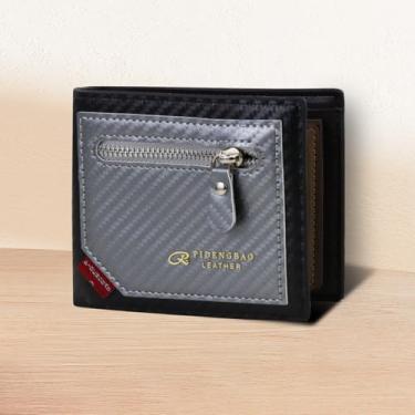 Imagem de Carteira masculina texturizada com bolso frontal com design de bloqueio de cor, carteira de fibra de carbono de grande capacidade, Preto + prata, Casual