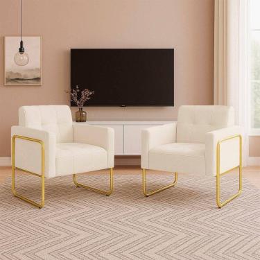 Imagem de Poltrona Sala Industrial Alta Tubo Dourado Kit 2 Elisa Veludo D03 - D`rossi Cor Bege