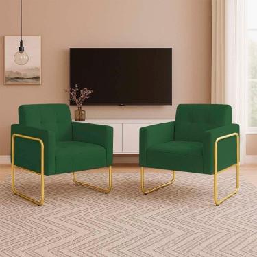 Imagem de Poltrona Sala Industrial Alta Tubo Dourado Kit 2 Elisa Suede D03 - D`rossi Cor Verde